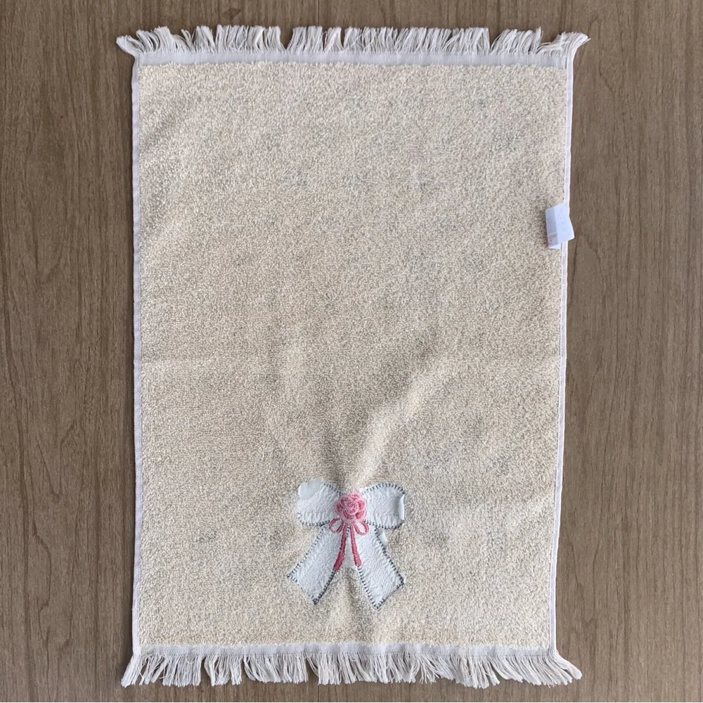 Vintage Hand Towel Bow Appliqué With Fringe Cream Pink And Blue 80s 90s Granny